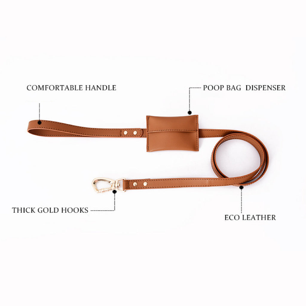 Best Durable Leather Padded Handle Dog Leash With Poop Bag Holder