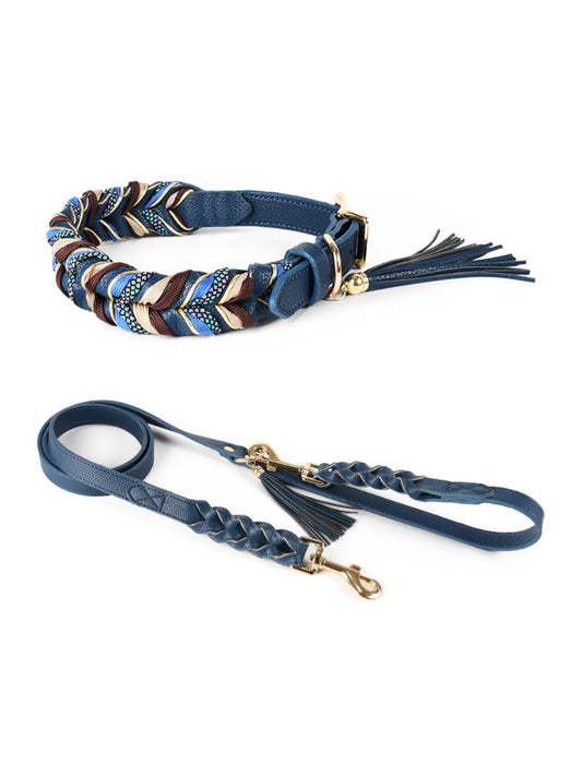 Braided Rolled Leather Dog Collar and Leash Lead Set